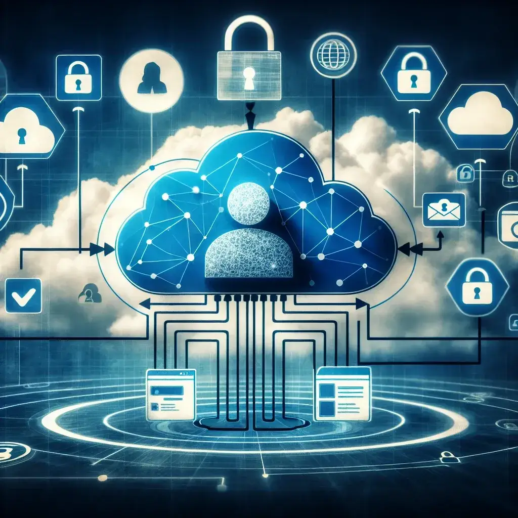 "Illustration of cloud-based SSO session tracking services, representing modern identity management solutions with interconnected user accounts, data security, and seamless authentication processes."