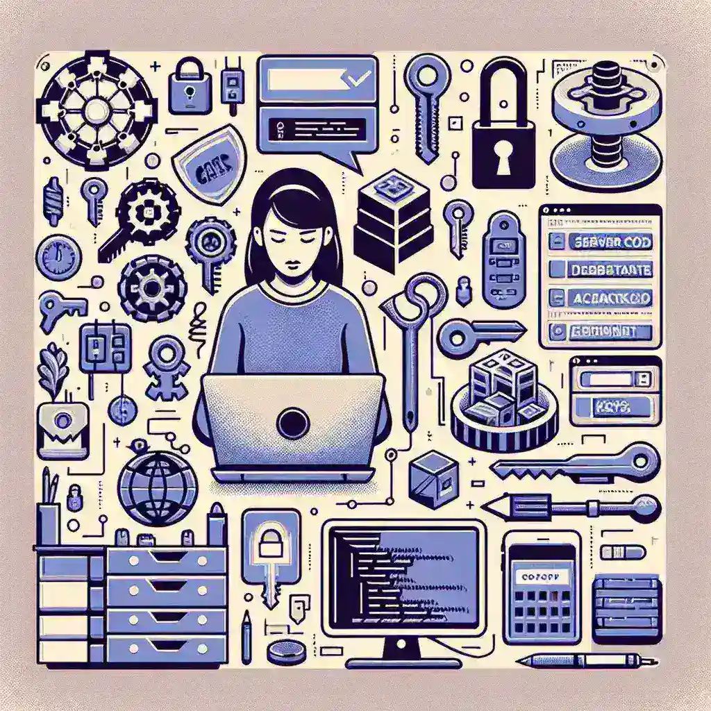 "Developer using essential tools to design custom authentication flows for web applications, showcasing a laptop with code and diagrams in a modern workspace."