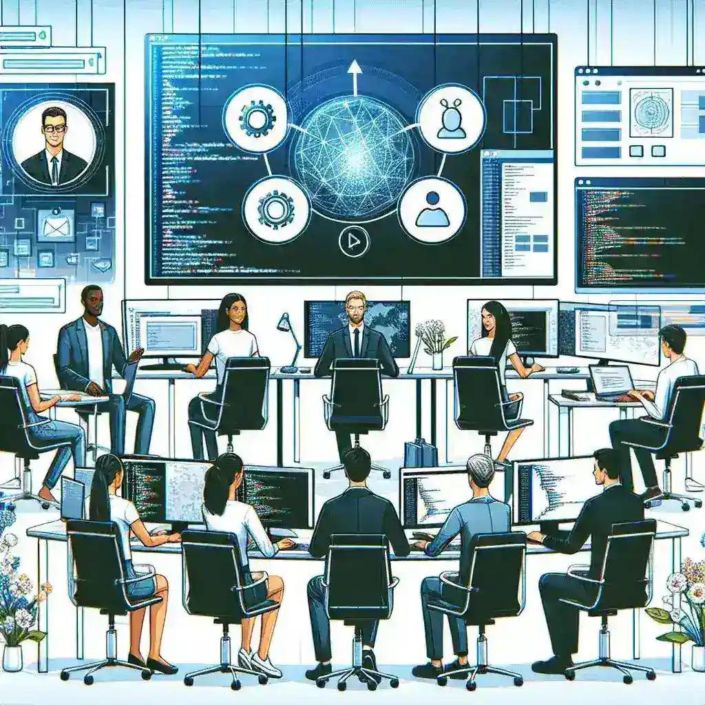 "Team of developers collaborating remotely using development containers on various platforms, showcasing a modern workspace with laptops, code on screens, and virtual communication tools."